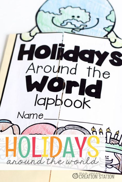 This holidays around the world lapbook is a great way to teach kids about holidays in different places. There are six different holidays included in this lapbook. This lapbook pairs perfectly with a holidays around the world unit. Once they complete the lapbook, there is a place for them on the back to describe what their family Christmas is like. Grab this wonderful holidays around the world lapbook today. #holiday #Christmas #kids #teaching #learning Christmas Lesson, Teaching Holidays, Mrs Jones, Holiday Lessons, Celebration Around The World, Creation Station, December Holidays, Holidays Around The World, Christmas School