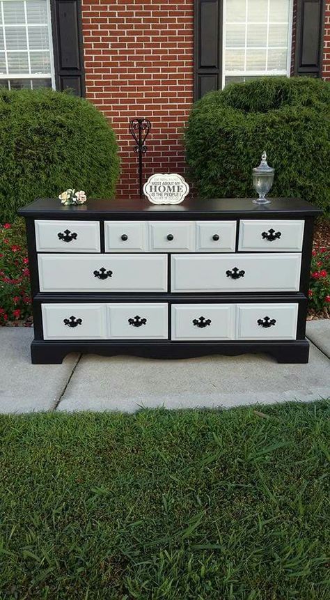 Black and white dresser Grey Black And White Bedroom Dresser, Black And White Dresser Diy, White Dresser Diy, Black Dresser Diy, Dresser Makeover Black, Black And White Farmhouse Dresser, Black Dresser With Whiite Bedroom, Black Redone Dresser, Black And White Dresser