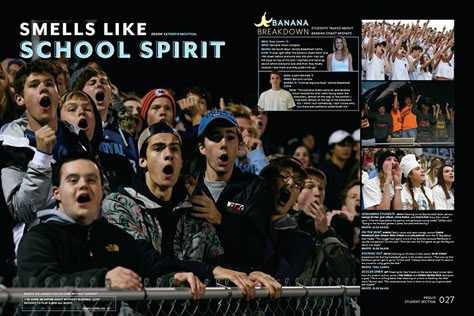 Student Life Ideas Yearbook, Yearbook Division Pages, Yearbook Social Media Theme, Cool Yearbook Pages, Student Council Yearbook Spread, Pep Rally Yearbook Spread, Senior Yearbook Page Ideas Layout, Yearbook Opening Page Ideas, Magazine Yearbook Theme