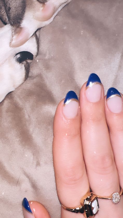 Dark Blue And Gold French Tip Nails, Back To School Nails 8th Grade, Navy Homecoming Nails, Blue And Gold French Tip Nails, Navy Blue And Gold Nails Acrylic, Navy Blue And Gold Nails, Gold French Tip, Blue And Silver Nails, Hoco Pics