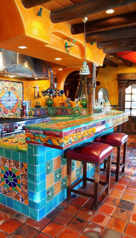 Top 20+Mexican Kitchen Decor Ideas for 2024 | Vibrant Style for Your Kitchen - Page 2 of 2 - The Plumed Nest Kitchen Mexican Style, Mexican Kitchen Decor Ideas, Mexican Hacienda Kitchen, Mexican Kitchen Design, Mexican Tile Kitchen, Mexican Kitchen Style, Hacienda Style Kitchen, Mexican Style Kitchens, Mexican Restaurant Decor