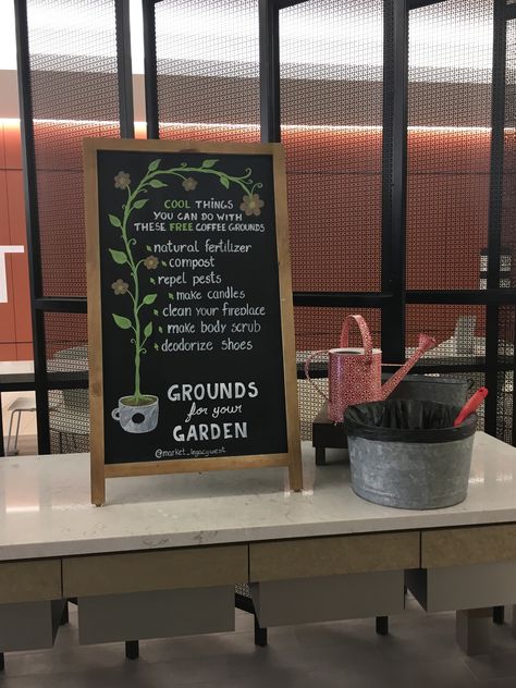 Chalkboard art: Grounds for your garden Plants Chalkboard Art, Starbucks Apron Embroidery, Starbucks Manager Ideas, Barista Chalkboard, Coffee Shop Sign Ideas, Spring Coffee Chalkboard Art, Starbucks Summer Chalkboard Art, Starbucks Spring Chalkboard, Coffee Chalkboard Ideas