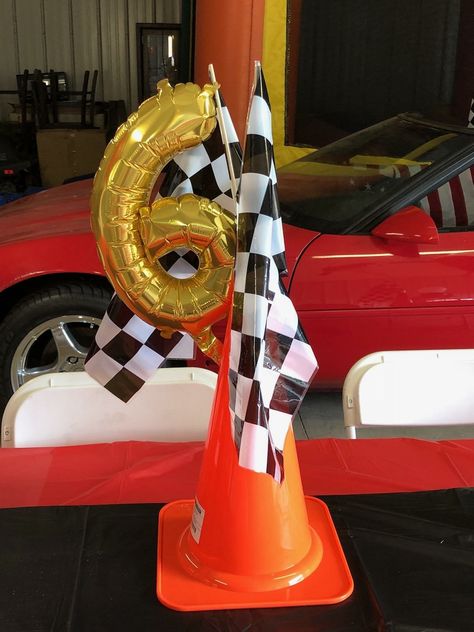 Cone Centerpiece Cars, Race Car Themed Centerpieces, Cars Party Centerpieces, Race Car Birthday Centerpieces, Cars Birthday Centerpieces, Race Car Party Centerpiece, Cars Theme Centerpiece Ideas, Two Fast Birthday Centerpieces, Race Car Pinata