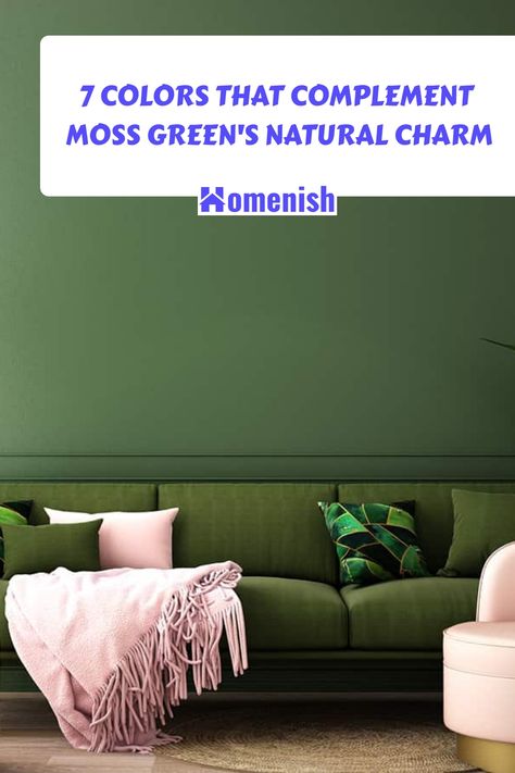 Moss green serves as a versatile backdrop, evoking a sense of tranquility and nature. Discover seven great colors that go with moss green, each one adding a unique layer to this botanical shade, perfect for any design aesthetic. Moss Green Walls Living Rooms, Moss Green Furniture, Moss Green Complimentary Colors, Moss Green Living Room Decor, Colors That Go With Moss Green, Moss Green Room, Green Living Room Color Scheme, Blush Pink Accessories, Green Walls Living Room