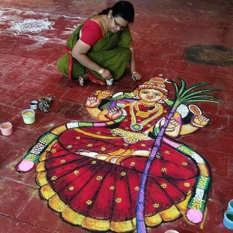 Devi Rangoli, Kamakshi Amman, Rangoli Designs For Competition, Poster Rangoli, Easy Rangoli Designs Videos, Very Easy Rangoli Designs, Saree Painting Designs, Modern Art Canvas Painting, Rangoli Side Designs