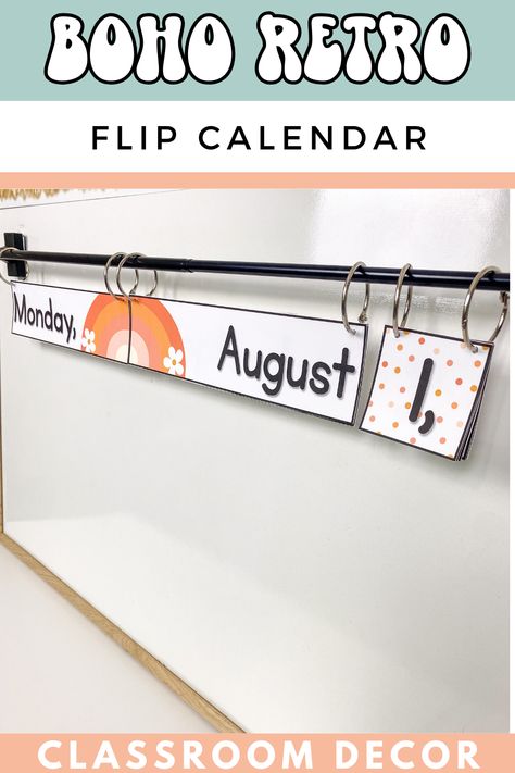 Add a unique touch to your classroom with our Boho Retro Classroom Décor Flip Calendar. It's not just a calendar, it's a statement of your creativity. It’s a blend of old-world charm and modern flair that will inspire learning and keep everyone on time. Perfect as a centerpiece or wall decoration, this vintage-style flip calendar is an essential element for any classroom. Get yours today – because every teacher needs a little boho-chic in their space! Whiteboard Flip Calendar, Classroom Date Display Flip, Flip Calendar Classroom Curtain Rod, Classroom Curtain Ideas, Boho Retro Classroom, Flip Calendar Classroom, Daisy Classroom, Classroom Curtains, Hallway Bulletin Boards