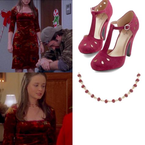 Rory Gilmore's Christmas dress. I LOVE the layered choker and vintagey shoes she wore. And the velvet! Beautiful! Rory Gilmore Christmas Dress, Rory Gilmore Jewelry, Rory Gilmore Shoes, Rory Gilmore Christmas, Velvet Christmas Outfit, Gilmore Christmas, Gilmore Style, Rory Gilmore Outfits, Gilmore Outfits