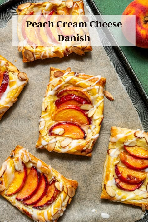 Peach Cream Cheese Danish - Baking Is Therapy Peach Baking Recipes, Peach Danish Recipe, Danish Ideas Puff Pastries, Peach Cream Cheese Dessert, Peach Pastry Recipes, Peach Upside Down Puff Pastry, Cream Cheese Danish Filling Recipe, Peach Puff Pastry Bake, Peach Cream Cheese Danish