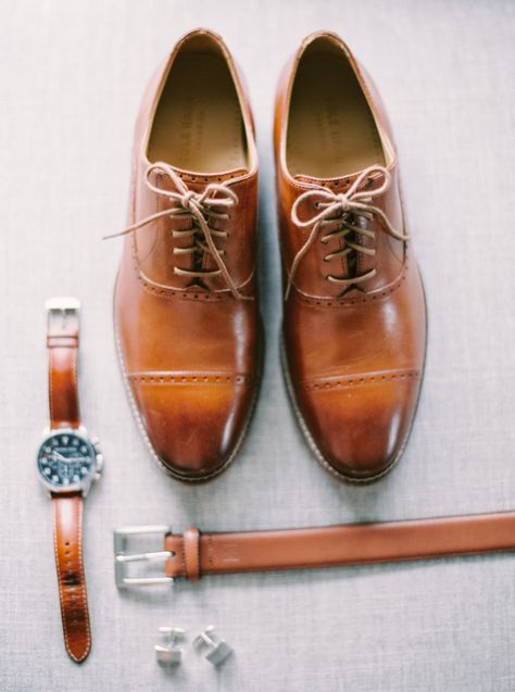 Brown leather groom's accessories: http://www.stylemepretty.com/2015/08/11/romantic-calgary-lake-house-wedding/ | Photography: Milton - http://milton-photography.com/ Lake House Wedding, Groom Accessories, Groom Shoes, Groom And Groomsmen Attire, Brown Dress Shoes, Leather Wedding, Brown Shoes, Blush And Gold, Groom Attire