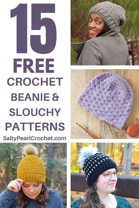 This collection of free crochet beanie and slouchy hat patterns offers a variety of styles to suit any taste, from cozy classics to trendy slouchy designs. Many patterns are beginner-friendly, making them perfect for those new to crochet. With options for different textures, yarn types, and stitch techniques, there’s a beanie here for everyone – whether you're looking to make a warm winter staple or a fashionable accessory for any season. #crochetbeanie #crochetslouchy #saltypearlcrochet Crochet Slouchy Hat Free Pattern Woman Slouch Beanie, Crochet Slouchy Beanie Pattern Free, Crochet Slouchy Hat Free Pattern, Types Of Beanies, Beanie Hat Crochet Pattern, Slouchy Beanie Pattern, Slouchy Hat Pattern, Stitch Techniques, Crochet Slouch Hat