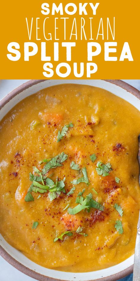 This Vegetarian Split Pea Soup is packed with tons of flavor and gets its smokiness from the smoked paprika. This plant based soup is hearty, filling and perfect for a cold winter day. Aside from split peas, it is also filled with carrots, celery, onion and potatoes. Enjoy for lunch or dinner and serve with bread and salad, if desired. #splitpeasoup #vegetarianrecipe #veganfood #easylunch #onepotmeal #heartysoup Vegan Pea Soup Recipe, Split Pea Potato Soup, Split Pea Soup Vegetarian, Quick Potato Soup, Plant Based Soup, Vegetarian Split Pea Soup, Vegan Split Pea Soup, Easy Homemade Soups, Quick Soup Recipes