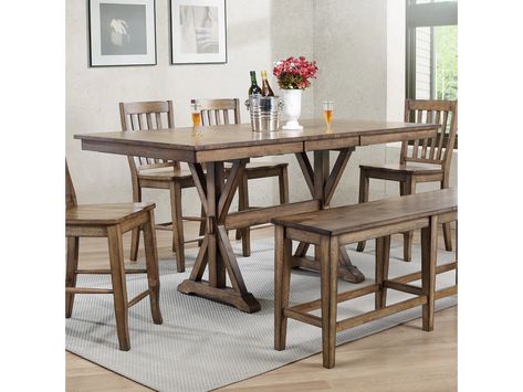 Winners Only Dining Room 78" Tall Table With 18" Butterfly Leaf DCT33879R - McLaughlins Home Breakfast Nook Dining Set, Nook Dining Set, Bright Furniture, Wood Table Bases, Dining Set With Bench, Pub Set, Pub Table Sets, Solid Wood Dining Set, Drop Leaf Dining Table