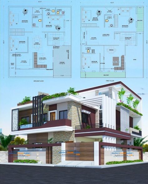 Modern House Floor Plans Open Concept, 50x50 House Plans, Drawing House Plans, 2bhk House Plan, Build House, House Outer Design, Two Story House, Small House Elevation Design, Building House Plans Designs