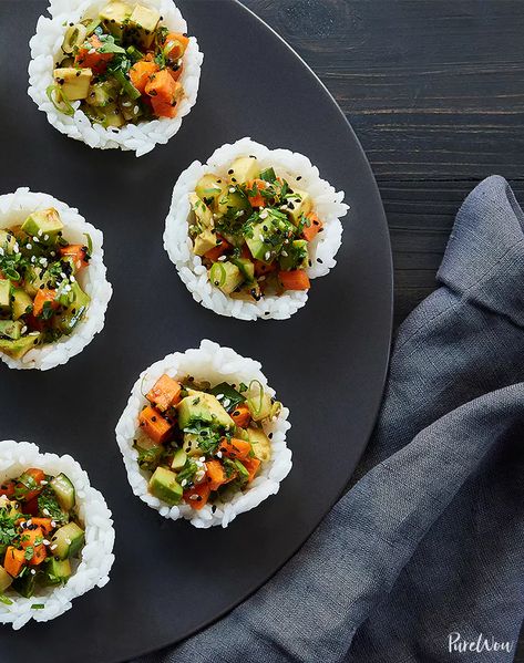 Sushi Cups, Rice Cups, Vegetarian Sushi, Clean Eating Vegetarian Recipes, Fish Cooking, Best Party Appetizers, Clean Eating Vegetarian, Tin Recipes, Raw Fish