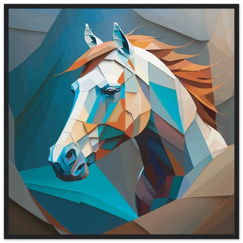 "Colorful horse head isolated on background. vector illustration. polygon geometric pattern in pop art style. For more information about the materials go to (https://brightwatersstudios.com/pages/art-materials). This product is made especially for you as soon as you place an order, which is why it takes us a bit longer to deliver it to you. Making products on demand instead of in bulk helps reduce overproduction, so thank you for making thoughtful purchasing decisions! Artwork is printed on: Museum-Quality Matte Paper Wooden Framed Poster Our ready-to-hang wooden framed posters are sturdy, durable, and ready to hang instantly! The poster is made on our master's edition, archival museum-quality paper. It is off-white, uncoated, and the superior choice for art enthusiasts who appreciate worl Geometric Horse, Giraffe Quilt, Polygon Art, Pop Art Style, Framed Posters, Horse Coloring, Framed Poster, Cool Art Drawings, Horse Head