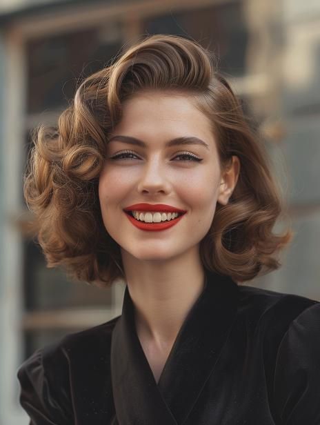 Shoulder Length Hair Vintage, Vintage Haircuts Women, Short Hair Vintage Style, Short Pinup Hairstyles, Vintage Curls Short Hair, Short Hair Retro, Retro Short Hair, Hollywood Bob, 1940s Wedding Hair