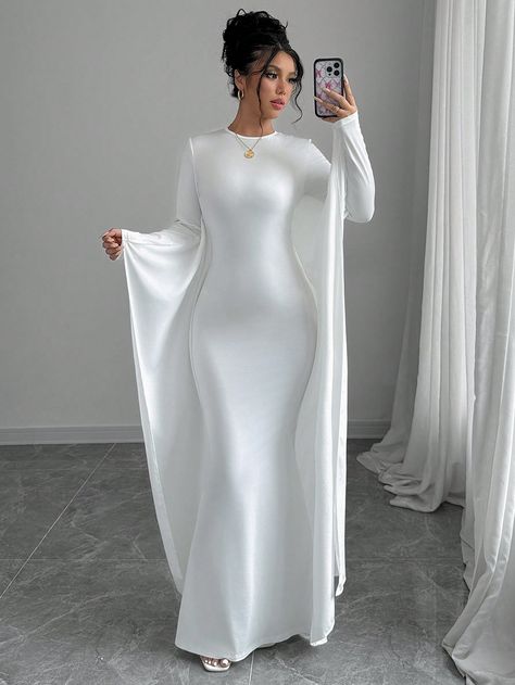 Elegant Ladies Solid Color Batwing Sleeve Long Dress White Casual  Long Sleeve Knitted Fabric Plain Bodycon Medium Stretch  Women Clothing, size features are:Bust: ,Length: ,Sleeve Length: White Banquet Dresses, Formal Dresses Long Modest, Elegant White Formal Abaya, Organised Clothes, Luxury White Evening Abaya, White Long Sleeve Evening Robe, Elegant White Maxi Dress With Draped Sleeves, Elegant White Long Sleeve Abaya, Simple Elegant Dresses