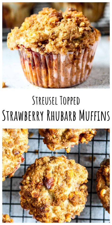 Strawberries and rhubarb are a classic and delicious combo in these easy to make, moist and delectable muffins with a crunchy cinnamon streusel topping. Strawberry Rhubarb Muffins, Cinnamon Streusel Topping, Rhubarb Muffins, Rhubarb Desserts, Cinnamon Streusel, Muffin Streusel, Strawberry Muffins, Homemade Muffins, Rhubarb Recipes