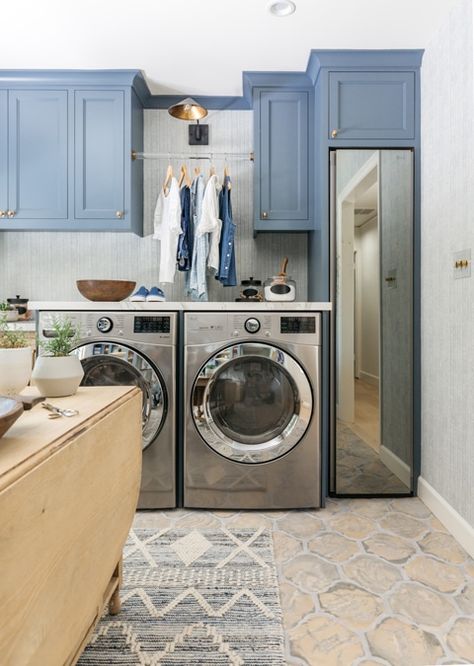 An Insider’s Look into Participating in a Showcase House - Courtney Thomas Design Galley Laundry Room, Subway Tile Laundry Room, Mid Century Laundry, Yellow Laundry Room, Galley Laundry, Laundry Room Backsplash, Yellow Laundry, Yellow Laundry Rooms, Contemporary Laundry Room