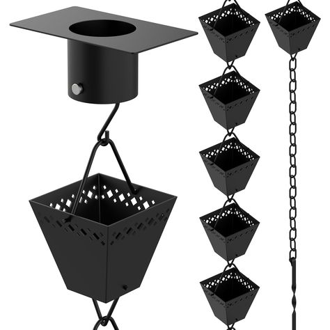 PRICES MAY VARY. Rain Chains for Gutters: Turn heavy rain into a tranquil cascade with this rain chain system comprised of 17 large cups which minimize splashing for smooth water flow. Enjoy the soothing ambiance and serene atmosphere created by the water gently trickling down the rain chains for outside. Versatile Gutter Adaptability: Easily adjust the length by adding or removing cups to accommodate any gutter chain downspout height. This rain chain gutter adapter ensures seamless integration Chain Downspout, Rainwater Management, Gutter Chains, Rain Collection System, Rain Chimes, Rain Barrel System, Rain Catcher, Rain Chains, Rain Collection