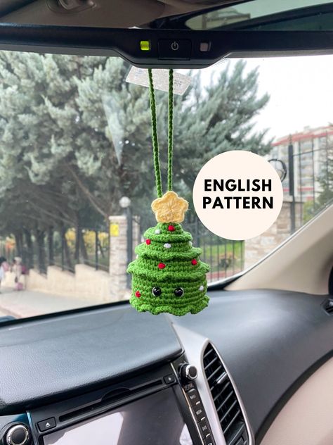 Crochet Christmas Tree Pattern, Crochet Christmas Trees Pattern, Crochet Christmas Tree, New Car Accessories, Crochet Car, Christmas Tree And Santa, Crochet Christmas Trees, Rear View Mirror Ornament, Cute Christmas Tree