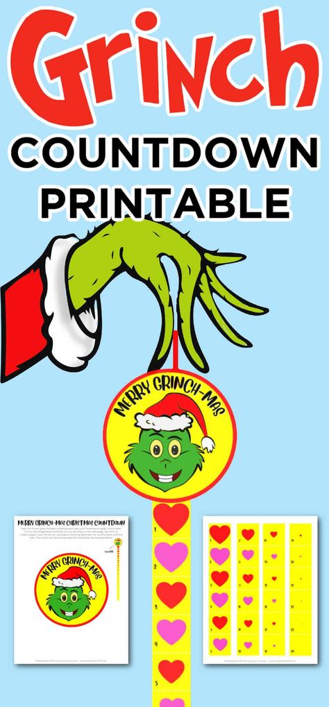 Grinch Christmas Countdown, Countdown Paper Chain, Grinch Heart Grew, Grinch Printable, Countdown Activities, Grinch Heart, Whoville Christmas, The Grinch Christmas, Calendar Numbers