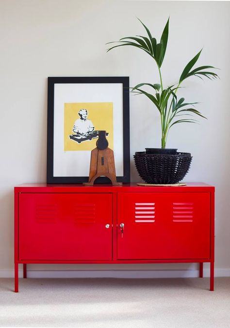 Lounge Vignette, Ikea Lockers, Burgundy Decor, Red Cabinets, Colourful Home, Nz Art, Casa Vintage, Ikea Cabinets, Red Rooms