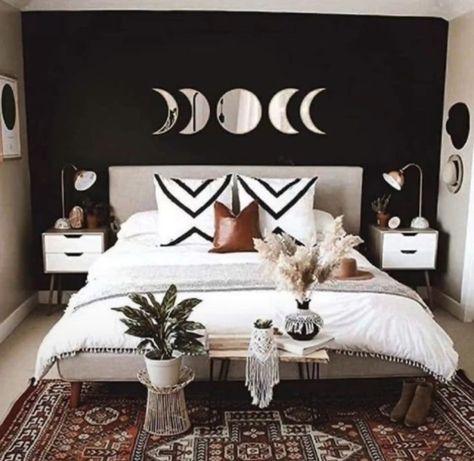 Moon Wall Decor Bedroom, Moon Phase Mirrors, Moonphase Mirrors, Black Walls Bedroom, Wooden Moon, Decor Ikea, Natural Decor, Room Black, Bohemian Wall