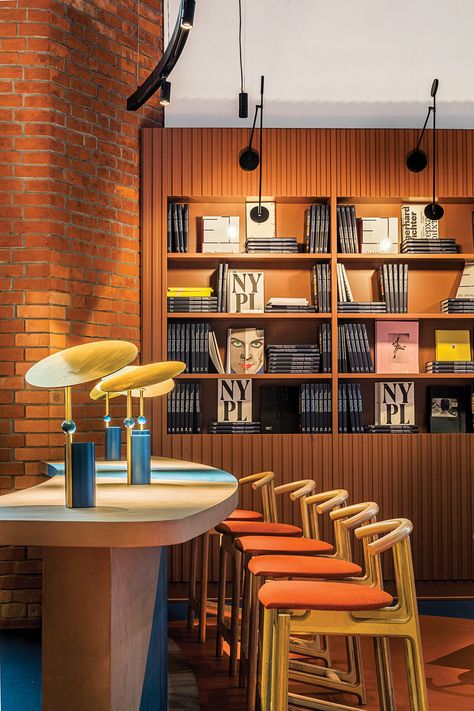 Bold and Bright Hospitality Designs - Interior Design Back Bar Shelving, Home Library Rooms, Wooden Canopy, Bookstore Cafe, Hotel Lounge, Hospital Interior Design, Sport Club, Hospitality Design, Hotel Lobby