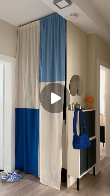 Antonia Schmitz // craftifair on Instagram: "DIY color blocking curtain 🟦◻️ Curtains are such a nice and easy way to cover messy corners or your entire wardrobe. For this one I sewed 4 pieces of cotton fabric together. I was inspired by the korean pojagi technique so it looks nice from both sides.   #diyhome #doityourselfproject #pojagicurtain #diycurtains #smallhallway #myhomestyle #myhometoinspire #interiorinspirations #colorfulhome" Curtain Over Wardrobe, Blanket Curtains Diy, Pojagi Technique, Curtains Wardrobe, Wardrobe Curtain, Korean Pojagi, Curtain Wardrobe, Small Hallways, Instagram Diy