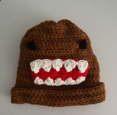 He’s kind of wonky because this was freehanded lol Crochet Domo Hat, Domo Hat, Crochet Hat Beanie, Domo Kun, Knit Projects, Hat Beanie, Crochet Hat, Cute Crochet, Crochet Projects