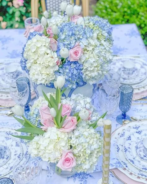 Coastal Grandmother Birthday, Grand Millennial Wedding Decor, Grand Millennial Party, Blue Floral Graduation Party, Hydrangea Birthday Party, Hydrangea Party Theme, Grandmillenial Wedding Decor, Grandmillenial Baby Shower Ideas, Coastal Party Decor