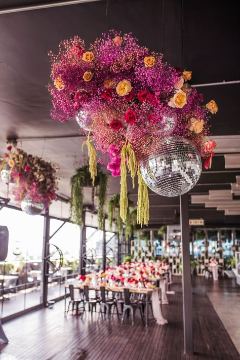 Disco Ball Wedding Bridesmaid Bouquet Alternatives, Disco Ball Wedding, Retro Wedding Theme, Flowers Hanging, Ball Wedding, Future Wedding Plans, Garden Party Wedding, Purple Orchids, Disco Balls