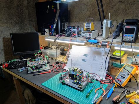 Arduino Aesthetic, Engineer Room, Robotics Aesthetic, Electronics Workspace, Electronics Bench, Open Office Layout, Mechanic Engineering, Electronic Workbench, Man Cave Office