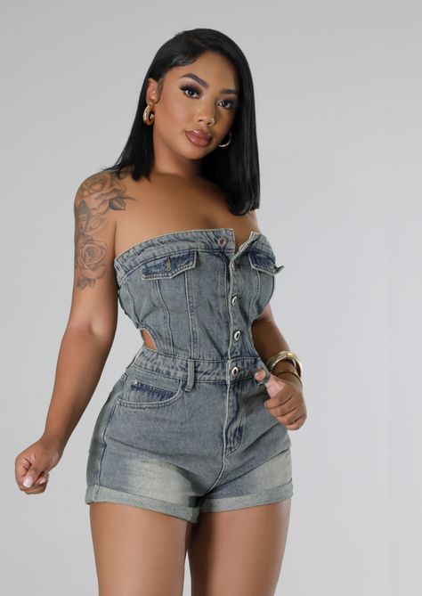 Denim Tube Top Romper - Small Jean Romper Outfit, Denim Romper Outfit, Romper Outfit Black, Denim Short Romper, Tube Top Romper, Denim Tube Top, Romper Designs, Cute Birthday Outfits, Swag Outfits For Girls