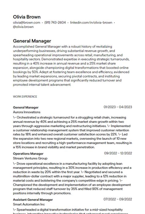 Check out General Manager resume examples to showcase your leadership skills, business acumen, and ability to drive organizational success, helping your application impress hiring managers across various industries seeking top-level management professionals. Learn what essential leadership and strategic management skills to include on a General Manager resume to highlight your executive capabilities. | general manager resume, business operations executive resume, senior leadership resume Senior Leadership, Manager Resume Examples, Resume Business, Resume Guide, Strategic Management, Business Acumen, Employee Development, Resume Summary, Create A Resume