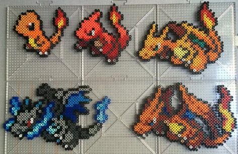 #004-#006 Charmander Family Perlers by TehMorrison on DeviantArt Perler Bead Charizard, Charizard Perler Beads, Charmander Perler Beads, Hama Beads Pokemon, Pokémon Perler, 3d Pokemon, Mega Charizard, Pokemon Perler, Pokemon Bead