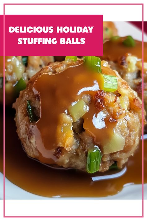 Add something extra special to your holiday dinner with these savory stuffing balls! Perfectly cooked, these flavorful bites mix your favorite herbs, spices, and breadcrumbs for a delightful side dish that's bound to impress your family and friends. They're super versatile—great for Thanksgiving or Christmas and could easily take center stage next to any roasted turkey or glazed ham. Dive into the rich flavors of these homemade stuffing balls and make holiday meals unforgettable. Give them a try and experience the festive magic! Best Stuffing Balls, Stuffing Balls With Cranberries, Savory Stuffing Balls, Stuffing Turkey Balls, Different Thanksgiving Food Ideas, Small Batch Thanksgiving Stuffing, Stuffing Bites Thanksgiving, Dressing Balls Recipes Thanksgiving, Stuffing Meatballs Thanksgiving