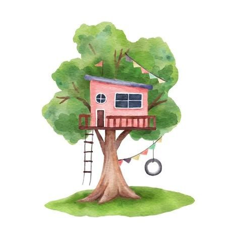 Vector watercolor house on tree illustra... | Premium Vector #Freepik #vector #watercolor-drawing #watercolor-house #hand-painted #tree-swing House Tree Drawing, House In Tree Drawing, Treehouse Watercolor, Tree House Painting, Tree House Illustration, House On Tree, Tree House Drawing, House Doodle, Estilo Cartoon