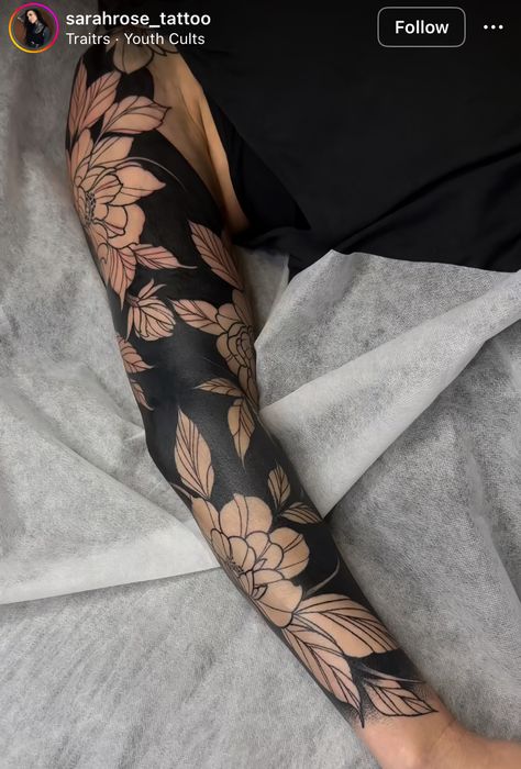 Arm Sleeve Tattoos Cover Up, Black Out Floral Sleeve Tattoo, All Black Tattoo Cover Up, Blackout Tattoo Women, Blackout Flower Tattoo, Dark Tattoo Sleeve, Flower Arm Sleeve Tattoo, Blackout Sleeve, Flower Tattoo Black