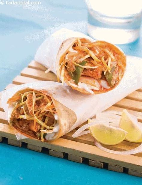 Makhani Paneer Tikka Roll (wraps and Rolls) recipe | Indian Wrap Recipes, Roll Recipes | by Tarla Dalal | http://Tarladalal.com | #32620 Makhani Paneer, Indian Tapas, Marinated Paneer, Makhani Sauce, Stuffed Food, Frankie Recipe, Corn Tortilla Recipes, Tacos Chicken, Indian Cheese