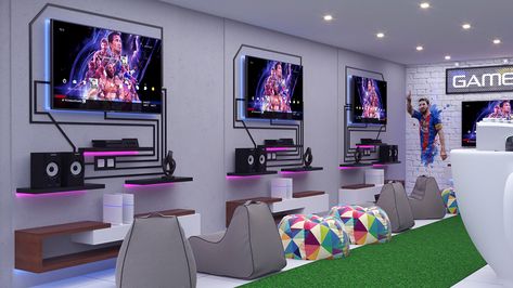 Game Box "Playstation cafe" on Behance Game Hub Design, Gaming Cafe Interior Design, Game Shop Design Ideas, Cafe Games Ideas, Gaming Lounge Design, Game Center Design Ideas, Gaming Zone Interior Design, Playstation Room Design, Gaming Lounge Interior Design