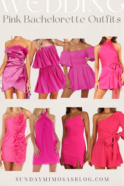 Pretty in Pink Bachelorette Party Inspiration! I know the Barbiecore & Barbie bachelorette party theme is so trendy right now, so here are a few of our favorite hot pink bachelorette party outfits! These dresses would be perfect for a Vegas or Nashville bachelorette! Bachelorette Pink Theme Outfits, Pink Theme Outfit Party Ideas, Barbie Pink Bachelorette Outfits, Bachlorette Party Pink Outfit, Pink Outfit For Bachelorette Party, Pink Vegas Dress, Barbie Inspired Outfits For Women, Hot Pink Nashville Outfit, Pink Outfits Bachelorette