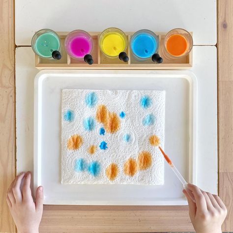 Jennifer @little_play_ideas on Instagram: “Drip painting Save your baby medicine pipettes/droppers for some fantastic painting with paper towel and watered down poster paint! Layer…” Pipette Activities, Painting With Paper, Infant Activity, Tissue Paper Painting, Baby Medicine, Montessori Nursery, Toddler Craft, Poster Paint, Preschool Arts And Crafts