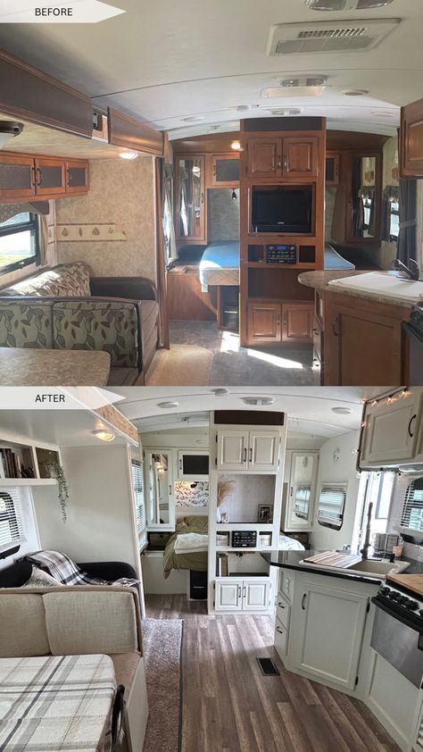 Camping Trailer Makeover, Renovating A Camper, Updating Rv Interior, Easy Camper Remodel, Updating Camper Interior, Rv Before And After Rv Makeover, Holiday Trailer Renovations, Trailer House Decor, Updated Camper Interior