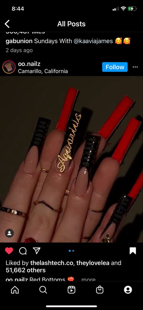 Black Nails W Red Bottoms, Black And Red Nails Birthday, Black Nails With Red Inside, Jordan Year Birthday 23 Nails, Red Bottom Birthday Nails, Black Red Bottom Nails With Rhinestones, Libra Bday Nails, Red Prom Dress Nail Ideas, Black Acrylic Nails With Red Underneath