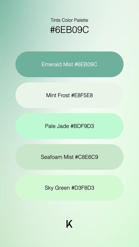 Tints Color Palette Emerald Mist #6EB09C · Mint Frost #E8F5E8 · Pale Jade #BDF9D3 · Seafoam Mist #C8E6C9 · Sky Green #D3F8D3 Color Palette Mint Green, Mint Color Palette, Mint Color Palettes, Mint Palette, March Colors, Marble Race, Combo Color, Sky Green, Hex Color Palette