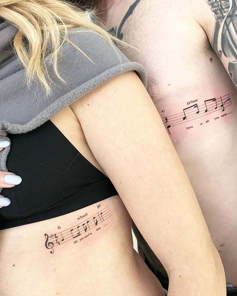 Music Couple Tattoos, Cool Sibling Tattoos, Rose Rib Tattoos, Couple Tats, Matching Couple Tattoo, Sheet Music Tattoo, Love Symbol Tattoos, Brother Tattoos, Cute Couple Tattoos