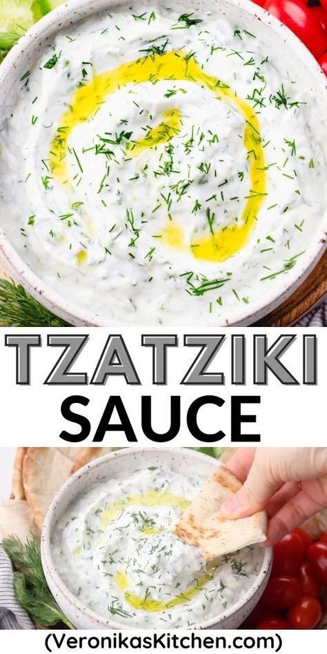 Tzatziki sauce, topped with dill and olive oil, in a bowl. Diy Tzatziki Sauce, Zaziki Sauce Greek Yogurt, Dill Greek Yogurt Dip, Tsatsiki Recipe Greek Yogurt, Greek Yourgut Recipe, Taziki Sauce Recipe, Greek Dinner Ideas, Healthy Tzatziki Sauce, Healthy Greek Yogurt Recipes