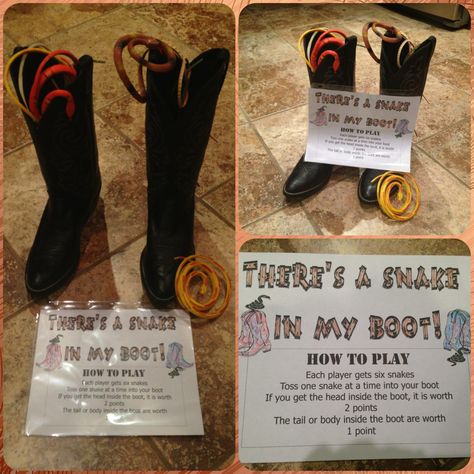 Game for cowboy party Set large size boots a few paces(increase distance for adults) in front of players and toss fake snakes(from dollar store) and try to get them into the boot. If the boots won't hold a good open shape slip a plastic cup into the boot. Great game for inside or out.  Variations can be to play with the boots up against a wall(easy) or a few inches from a wall.  I got the old large boots from a thrift store. Ffa Games, Ag Olympics, Pto Activities, Cowboy Vbs, Western Party Games, Cowboy Party Games, Employee Events, Rodeo Games, Western Vbs